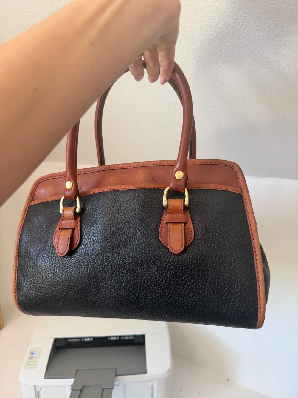 Classic Vintage Navy and Brown Leather Satchel Handbag - Picture 3 of 11